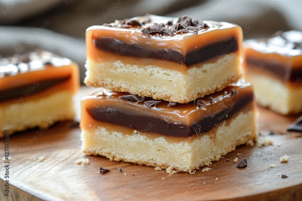 Poster a wooden cutting board with three slices of cake on top, perfect for serving or displaying