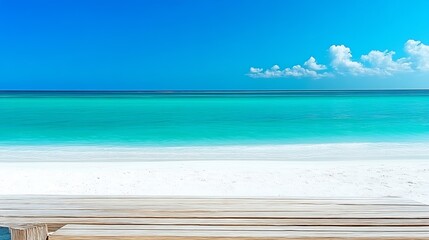 Fototapeta premium Stunning Bright Aquatic View Over Tranquil Beach with White Sand Under Crystal Clear Blue Sky : Generative AI
