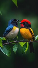 Obraz premium Two colorful birds sitting on leaves, one blue bird and the other red, black, and yellow in color, on a branch, with a green background