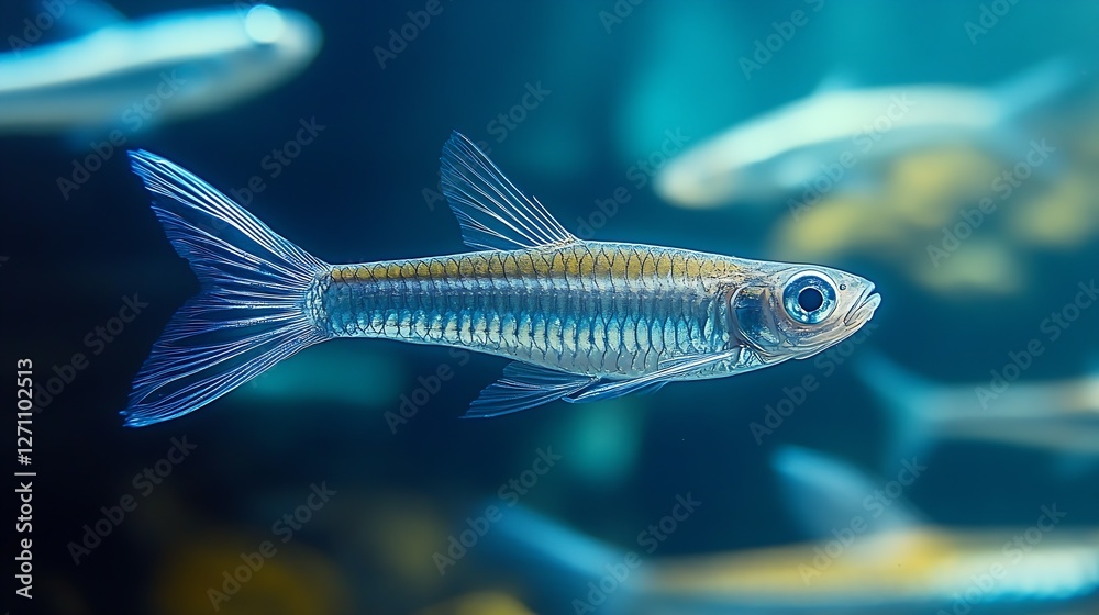 Aufkleber A close-up view of a solitary transparent fish displaying intricate fin details in a serene aquatic setting : Generative AI