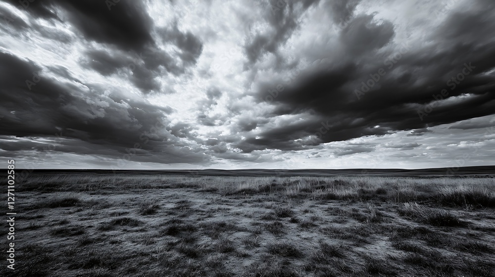 Poster dramatic black and white landscape with dark clouds looming above a lush green field creating a mood