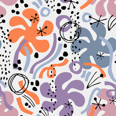 Abstract minimal lines, circles, doodles, squiggles seamless pattern.