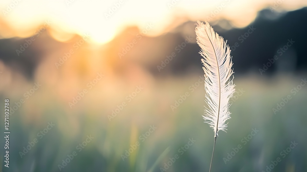 Aufkleber delicate white feather glowing softly in the golden light of a serene sunset over a tranquil field :