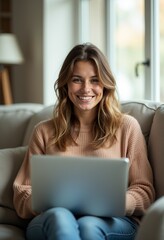 Naklejka premium Cozy Laptop Session: A Smiling Woman Using Her Laptop on a Sofa in a Homey Indoor Setting with Soft Colors, Natural Light, and a Gently Blurred Background.