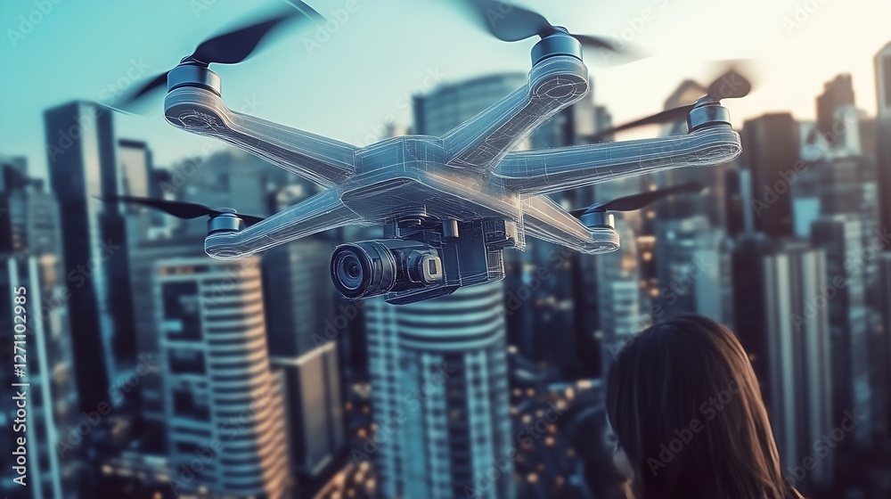 Aufkleber close-up of a high-tech drone with a camera flying in a modern urban environment during sunset : gen