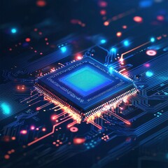 Microchip with Neon Lights on Circuit Board Technology Background