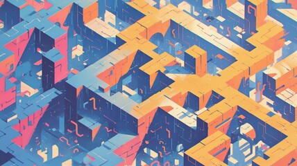 Naklejka premium Isometric abstract city with interconnected buildings and pathways, data flow concept