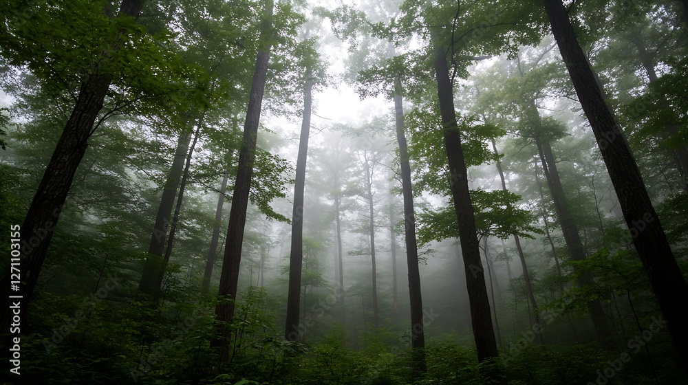 Poster Mysterious foggy forest scene with tall trees creating an enchanting natural atmosphere : Generative AI