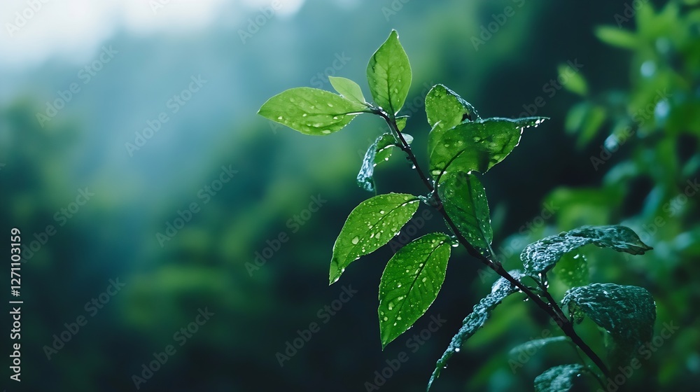 Aufkleber Fresh green leaves illuminated by dew drops in a lush forest environment creating a refreshing atmosphere : Generative AI