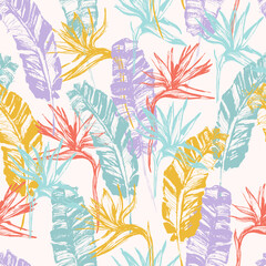 Grunge tropical leaves, flowers seamless pattern. Hand drawn abstract background: banana leaf, bird-in-paradise flower silhouettes.