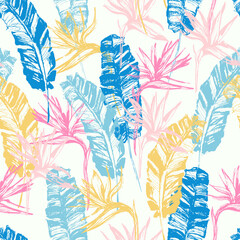 Grunge tropical leaves, flowers seamless pattern. Hand drawn abstract background: banana leaf, bird-in-paradise flower silhouettes.