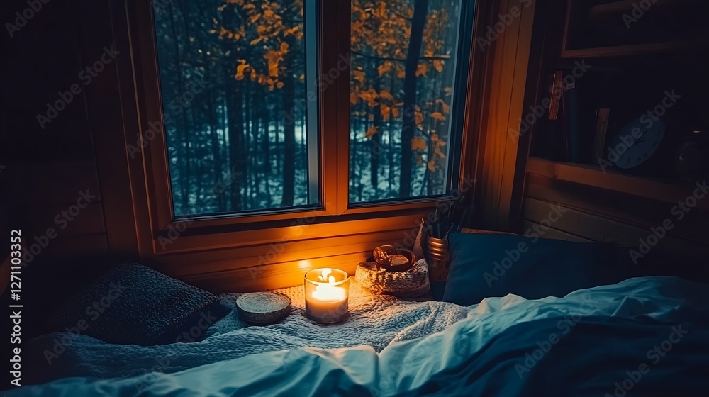 Poster serene nighttime bedroom setting with dim candlelight and a view of a forest through a window showca