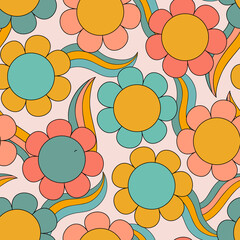 Abstract simple flower seamless pattern in 70s hippie style.