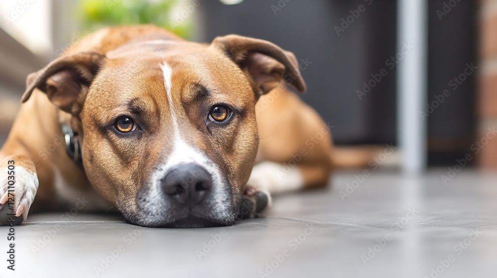 Aufkleber Adorable Dog Lying Relaxed on the Floor with a Calm Expression in a Cozy Setting : Generative AI