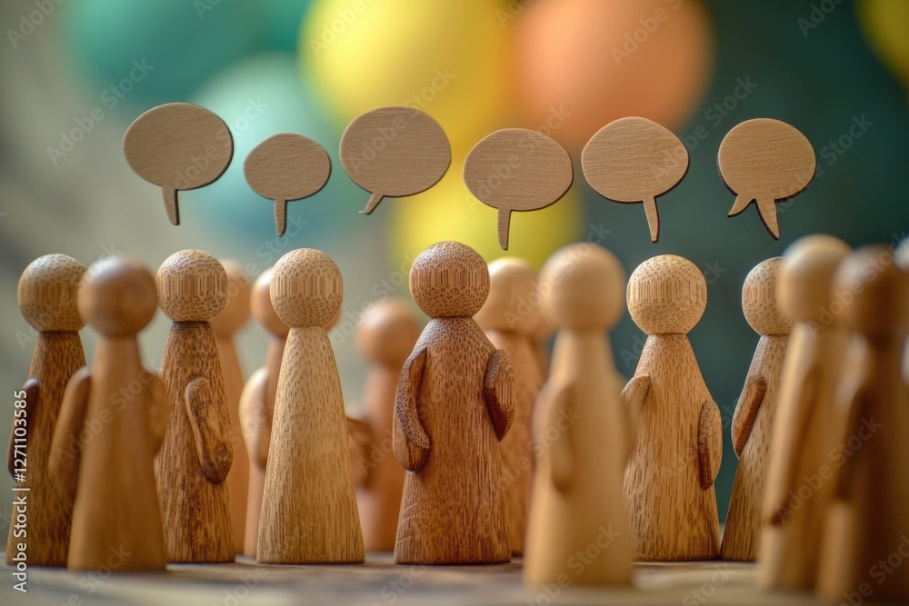 Poster a group of wooden figures with colorful speech bubbles above them