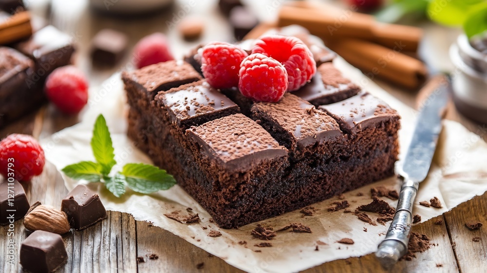 Poster delicious chocolate brownie topped with fresh raspberries and mint leaves on a rustic table : genera
