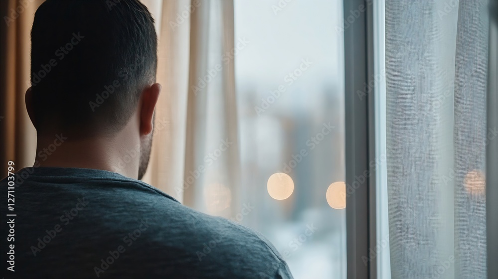 Aufkleber contemplative man gazing out of a window with soft natural light illuminating a reflective moment : 
