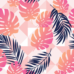Exotic leaves on geometrical rhombus background. Seamless tropical pattern