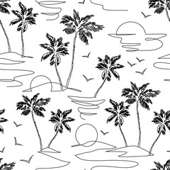 Abstract landscape on blue stripe background: mountains, sea, coconut palm tree, birds continuous art.