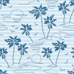 One line drawing tropical oasis island seamless pattern.