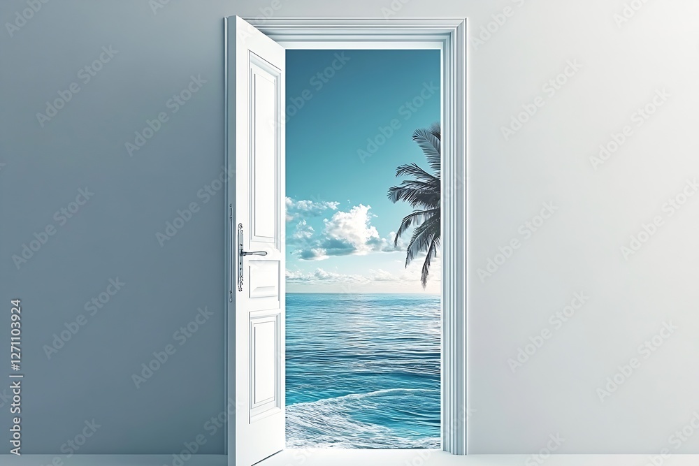 Poster elegant doorway framing a panoramic view of ocean and cloudy sky : generative ai