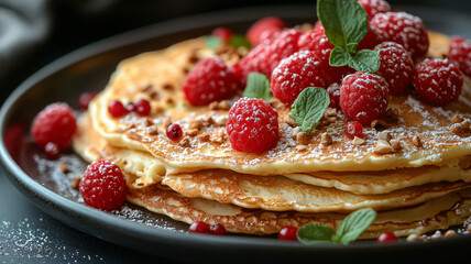 dessert pancakes with raspberries and walnuts in a plate.