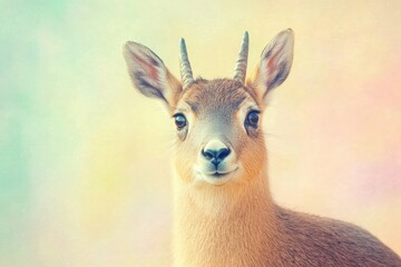 Obraz premium This is a close-up image of a deer looking directly at the camera. The animal has prominent brown and white spots across its body, with two long curved horns on top of its head.