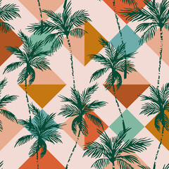 Abstract coconut trees on geometrical rhombus background.