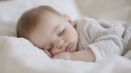 Cute baby sleeping soundly on cozy white blanket capturing innocence and warmth in a serene moment : Generative AI