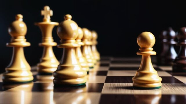 A chessboard with a single pawn facing off against a row of opposing pieces, representing the concepts of strategy, challenge, and overcoming obstacles