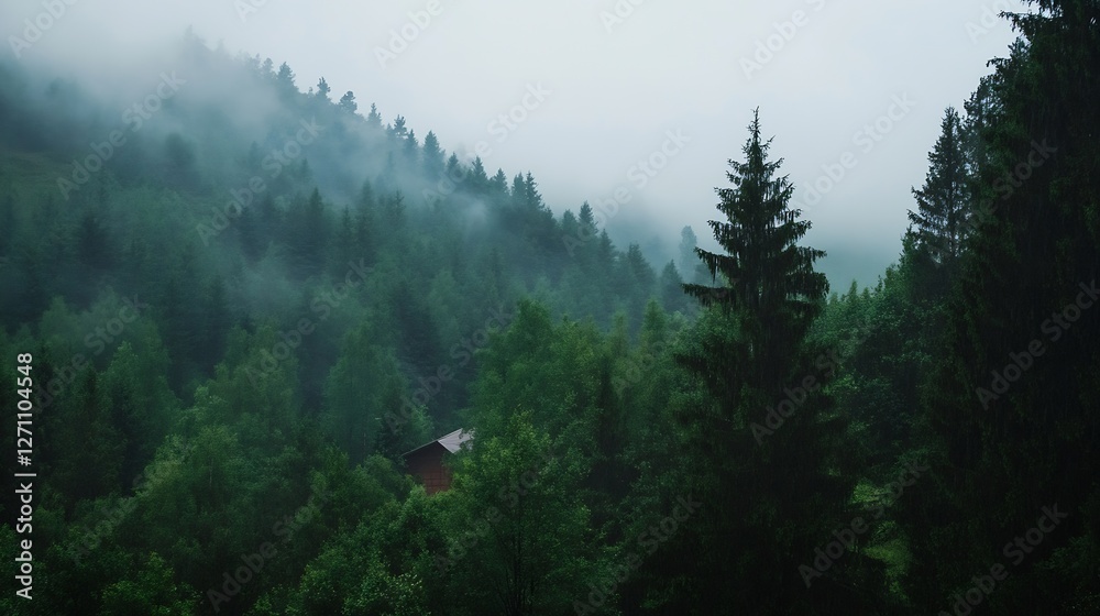 Aufkleber Mysterious misty forest with lush trees and a glimpse of a rustic cabin : Generative AI