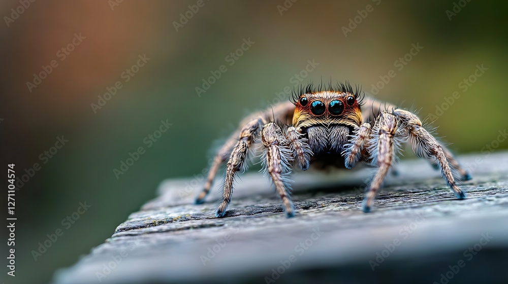 Poster closeup view of a vibrant jumping spider with striking eyes and detailed features : generative ai