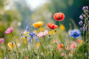 Naklejka premium A bright and cheerful scene with a variety of colorful flowers blooming in the sunshine, great for use on invitations, greeting cards or as a wallpaper