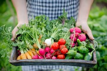 Fototapeta premium Freshly Harvested Garden Vegetables - A rustic wooden tray overflowing with vibrant, homegrown vegetables. Symbolizing health, freshness, abundance, nature, and wholesome eating