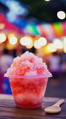 Shaved ice cream Kakigori, with watermelon or strawberry syrup in plastic tray with blurred busy market in the background