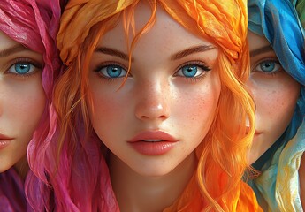Close Up of Colorful Wavy Hair in Pink Orange and Blue Creating Artistic Composition
