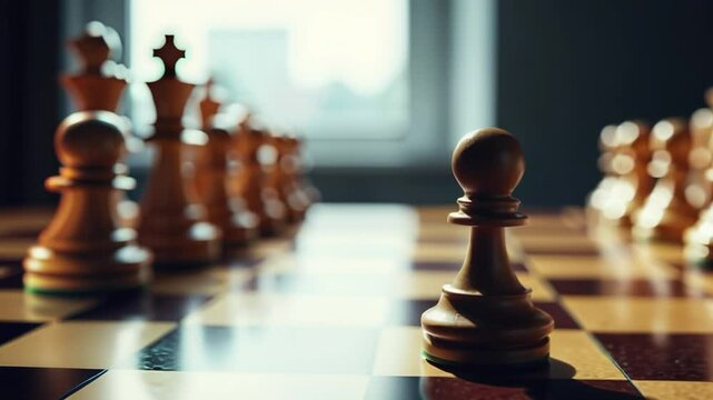A chessboard with a single pawn facing off against a row of opposing pieces, representing the concepts of strategy, challenge, and overcoming obstacles