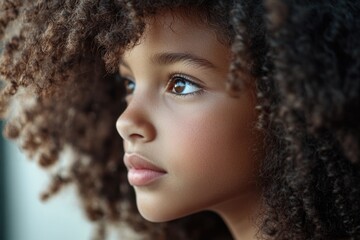 Close-up photo of a young child with curly hair, smiling at the camera
