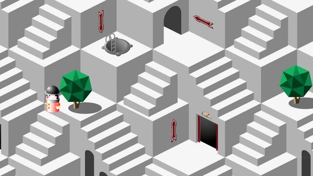 A toy man wanders through a maze. Looping animation.