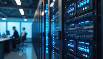 Close-up of data storage NAS device in modern office. High-tech environment, data storage solutions. Server equipment behind coworking space, data protection, fast network, secure data transfer.