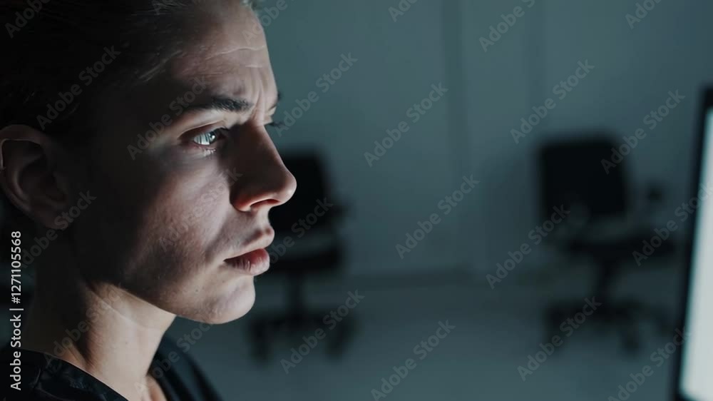 Poster stressed programmer working intensely during late night office hours, illuminated by glowing compute