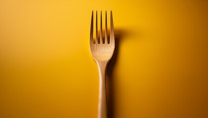 優しいイエローの空間に木製のフォークがそっと置かれ、春のぬくもりと調和するシンプルな風景
