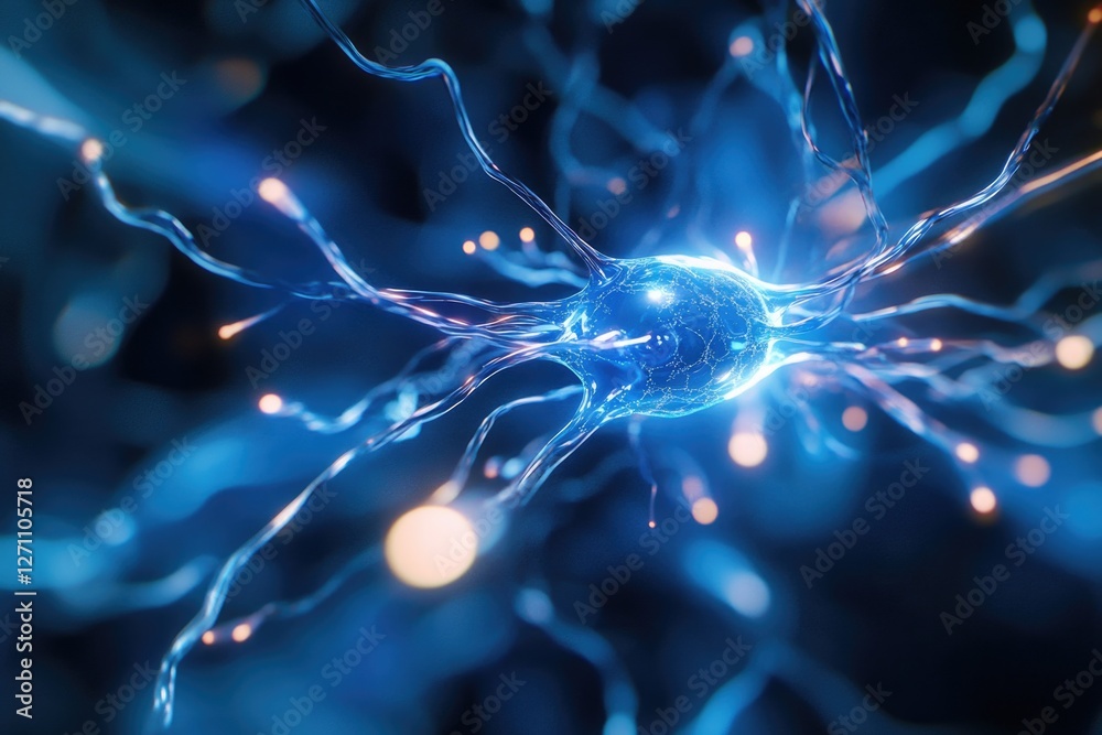 Poster a detailed view of a cell with blue lights, suitable for illustrations on technology and science