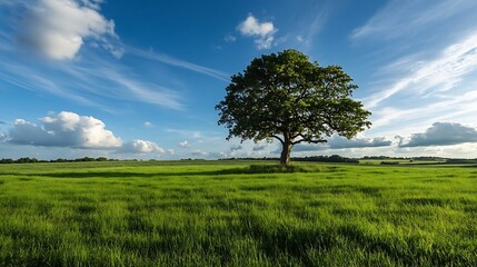Fototapeta premium Majestic Lone Tree Standing Proudly in a Lush Green Field Beneath a Blue Sky : Generative AI