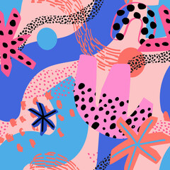 Abstract cut out forms, doodles circles, dots, squiggles seamless pattern.