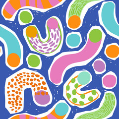 Geometry simple minimal shapes, forms wallpaper. Abstract geometric lines, circles, doodles, squiggles seamless pattern.