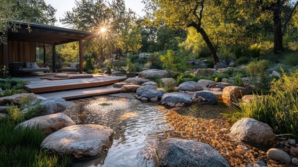 Rainwater Harvesting Garden: A backyard garden designed with a rainwater collection system and native plants for sustainability.