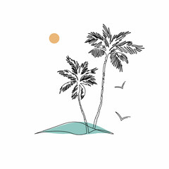 Abstract tropical landscape continuous art line with mountains, sea, coconut palm tree