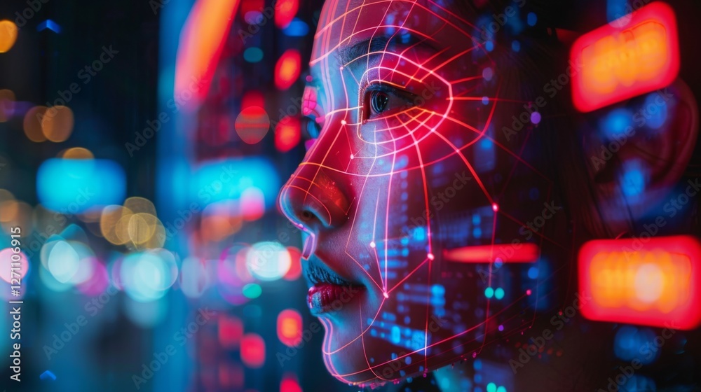 Aufkleber a woman stands in a vibrant cityscape, her face illuminated by colorful, glowing graphics. the backg