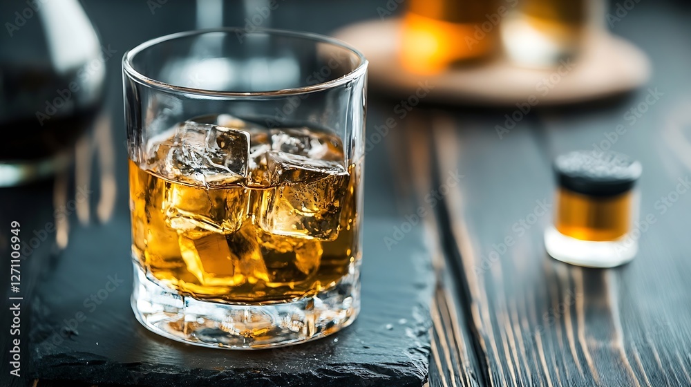 Aufkleber refreshing whiskey cocktail on the rocks served in elegant glass with ice cubes and bar tools in bac